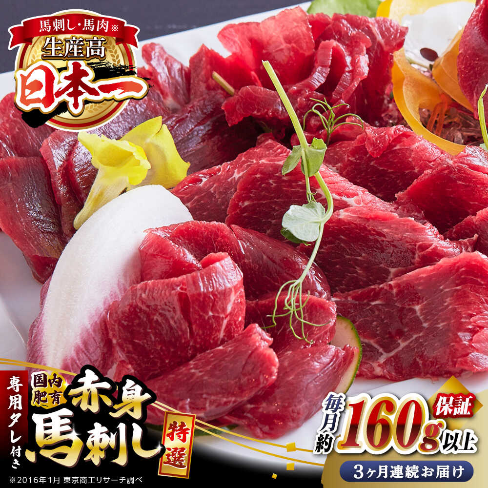 【ふるさと納税】【全3回定期便】国内肥育 特選赤身 約160g以上保証 専用タレ付き 熊本 山都町 冷凍 馬肉 馬刺 ヘルシー 小分け【有限会社 丸重ミート】[YAK018]
