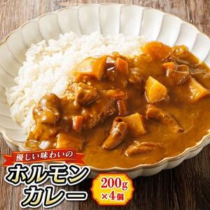 【毎月定期便】優しい味わいのホルモンカレー 200g×4個 レトルトカレー 常温 保存食　全4回_ホルモン 野菜 昆布 だし ダシ レトルト カレー レトルトカレー おもいやり 一人暮らし セット おかず レンジ レンジ調理 レンジでチンするだけ 食品 常温 備蓄 常備 保存食 避難食 防災食 森谷食品 ご当地グルメ 北海道 釧路町 釧路超 特産品 _【4009875】