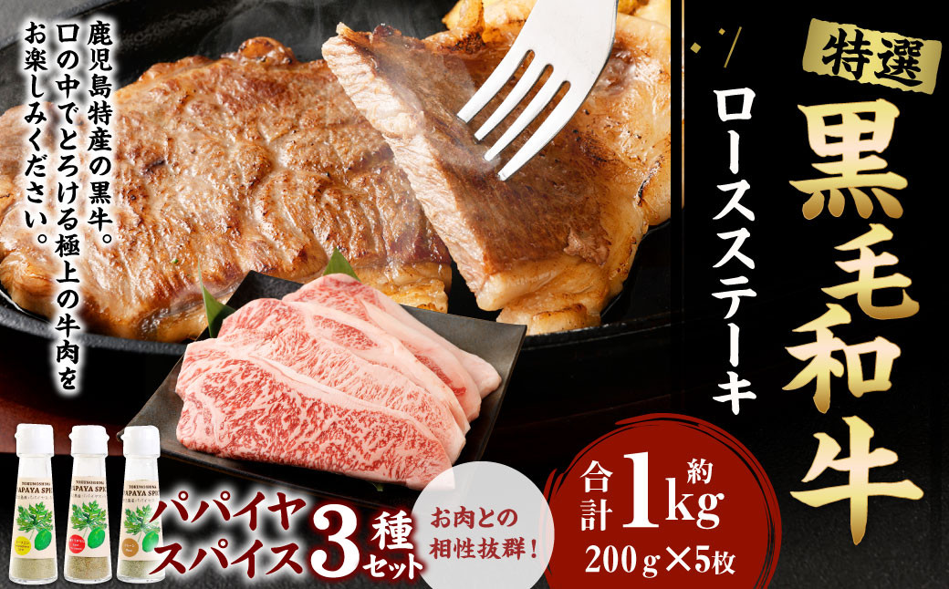 
            鹿児島黒牛 特選 ステーキ（合計約1kg） 3種のパパイヤスパイス付き Z-65 ステーキ スパイス 国産 黒毛和牛
          