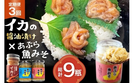 ご飯のお供 あぶらみそ イカ 醤油漬け あぶらみそ 地魚・真鯛  イカの醤油漬け プレーン 3種セット 3回 定期便 総計9本 [康貴丸水産 長崎県 平戸市 hr42bgy400208] お取り寄せ 