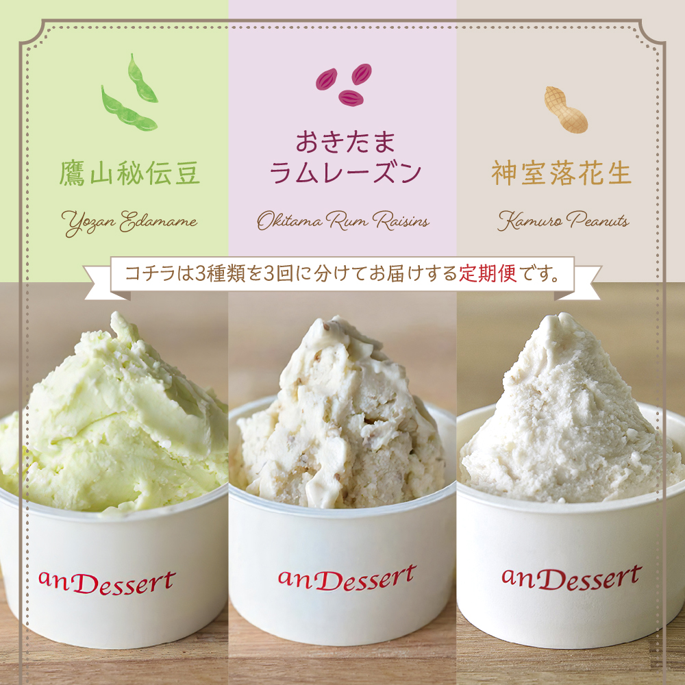 3種類 の プレミアムジェラート 6個 〔 3種 各 2個 〕 1個 90ml ( 鷹山秘伝豆 おきたまラムレーズン 神室落花生 ) 秘伝豆 ラムレーズン 落花生