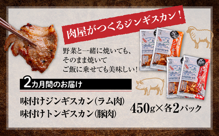 【2カ月定期便】むろらん ジンギスカン（ラム）トンギスカン（豚）450g×各2パック MROBA017