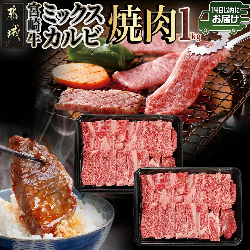 宮崎牛ミックスカルビ焼肉500g×2≪みやこんじょ快速便≫_AC-8916-R_(都城市) 宮崎県産宮崎牛 ミックスカルビ焼肉 ウデ/バラ/肩ロース/モモ いずれか２部位 冷凍配送