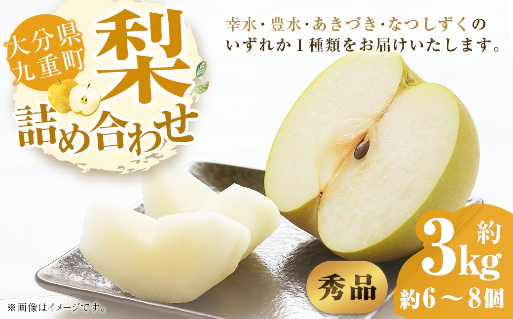 
            【秀品】 九重町産 梨 詰め合わせ 約3kg （約6～8個） なし ナシ 幸水 こうすい 豊水 ほうすい あきづき なつしずく 果物 くだもの フルーツ 【2025年8月上旬～9月下旬発送予定】
          