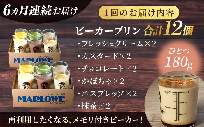 【全6回定期便】葉山ビーカープリン パーティーアソート セット 6種×2個 詰め合わせ（カスタード・かぼちゃ・抹茶・北海道フレッシュクリーム・エスプレッソ・チョコレート）【マーロウ】 [AKAF048