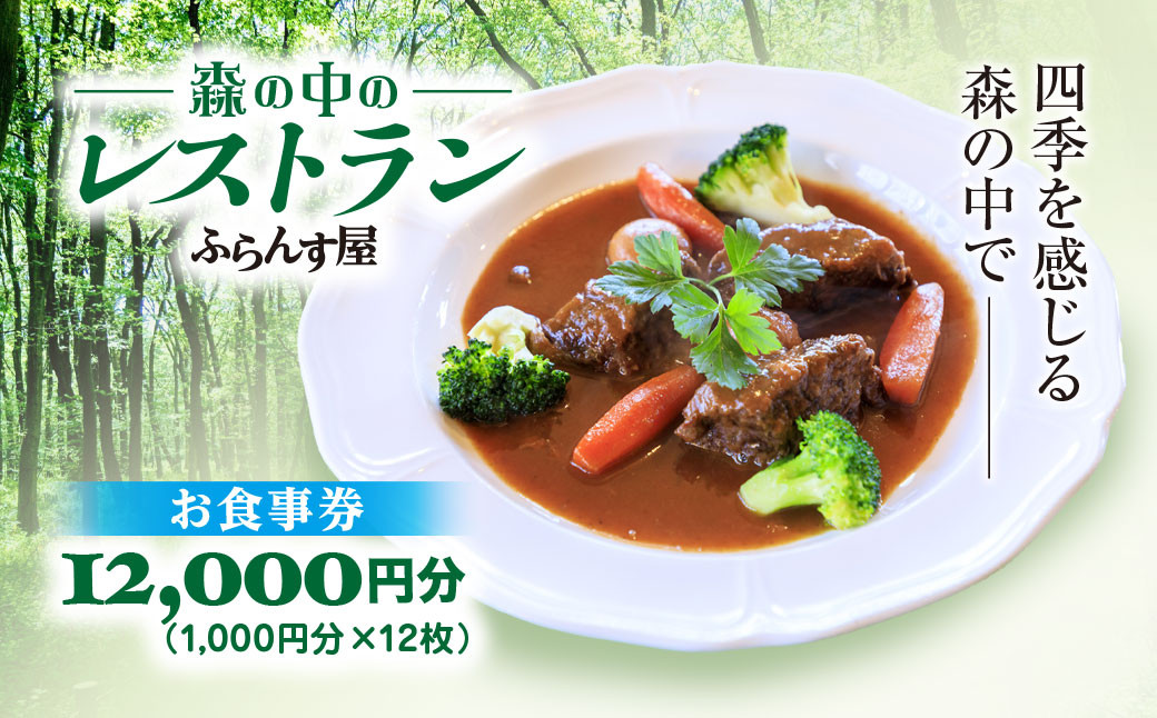 
                  森の中のレストランふらんす屋 お食事券 12,000円分（1,000円分×12枚） ふるさと納税 食事券 チケット 森の中 レストラン テラス ドッグラン わんちゃんルーム 四季 自然 千葉県山武市 SMCB004
                