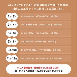 【12ヶ月定期便】宮崎県川南町産豚肉　放牧黒豚定期便 【 豚 肉 豚肉 国産 黒豚 九州産 宮崎県産 川南町 加工品 セット 送料無料 】