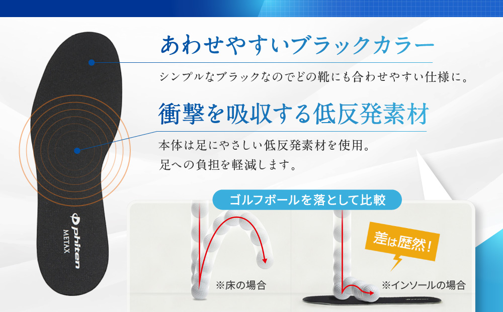 【ファイテン】インソール フラットタイプ メタックス ブラック＜21.0～25.0cm＞ 京都 人気ブランド インソール［ 京都 phiten 低反発インソール 衝撃吸収 フラット 薄い 中敷き 低反