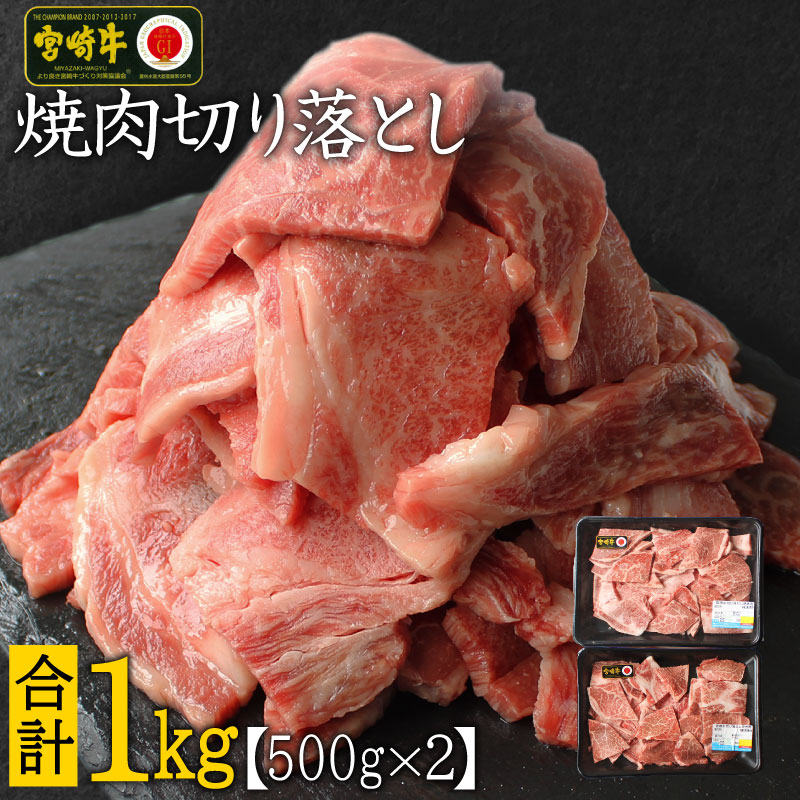 宮崎牛 焼肉 切り落とし 合計1kg（500g×2P）ウデ 牛肉 切り落し 切落し BBQ 国産 普段使い 九州産【C269-2502】