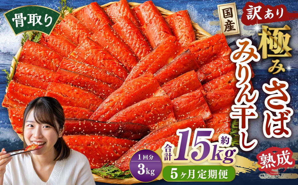 
            【5ヶ月定期便】【訳あり】国産 骨取り 熟成極みさばみりん干し 計約3kg ／ 1切れ さばみりん干し みりん干し 干物 ひもの さば サバ 鯖 魚
          