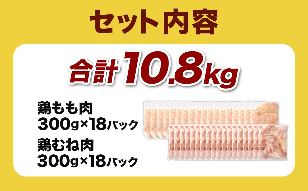 ＜鶏もも・むねセット 各300g×18パック 計10.8kg＞翌月末迄に順次出荷 【c1463_kf】 鶏肉 お肉 モモ肉 ムネ肉 小分けパック 冷凍
