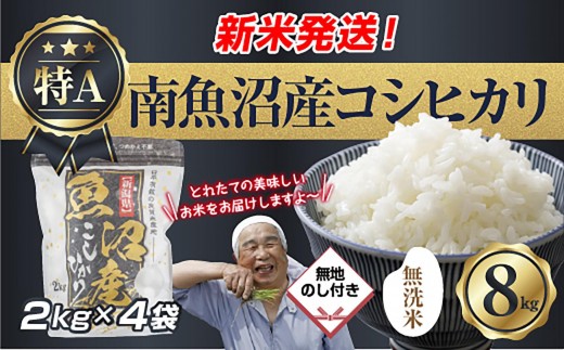 【令和8年産　新米予約】無地のし 「無洗米」  新潟県 南魚沼産 コシヒカリ お米 2kg×4袋 計 8kg 精米済み（お米の美味しい炊き方ガイド付き） お米 こめ 白米 こしひかり魚沼 南魚沼 南魚沼市 新潟県産 新潟県 産地直送【2026年10月中旬より1ヶ月以内に順次発送予定】