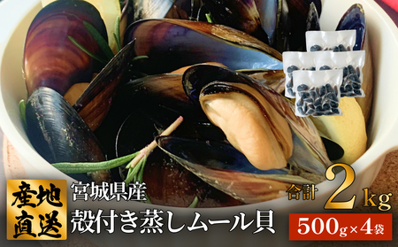 殻付き蒸しムール貝 2kg 三陸産 宮城県 石巻市 冷凍 個包装 味噌汁 リゾット 産地直送