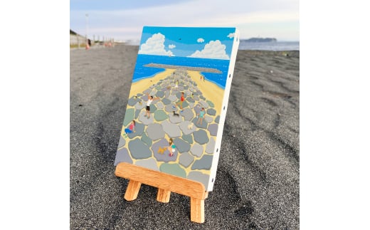 湘南・茅ヶ崎で描く、海を感じるイラストアート 『 湘南ランドスケープ03：茅ヶ崎　ヘッドランド 』　キャンバスアートパネル（小） /絵画 風景 犬 猫