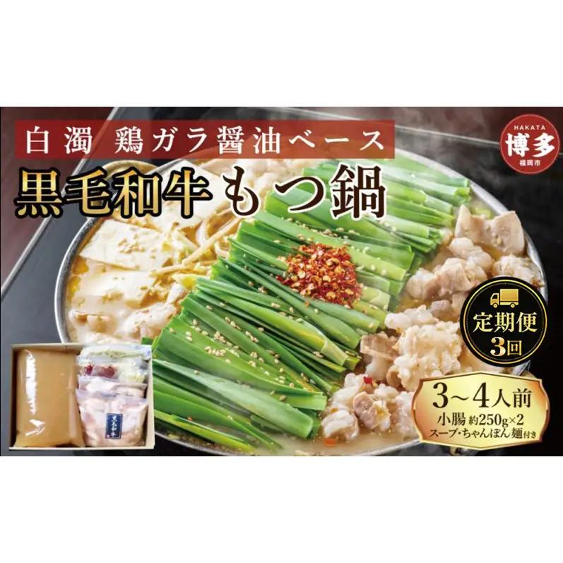 定期便 3回 【福岡市】 黒毛和牛 もつ鍋 白濁 鶏ガラスープ醤油スープ 3～4人前セット