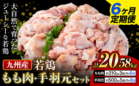 【6ヶ月定期便】 九州産 若鶏もも肉（310g×3袋）・手羽元（500g×5袋）セット 計3.43kg 鶏肉 お肉 モモ肉 もも肉 手羽先 2種類 小分け 冷凍 九州産 国産 熊本県 菊池市 送料無料