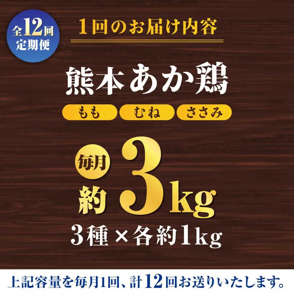【12回定期便】熊本あか鶏  3種食べ比べセット（もも むね ささみ）各1kg【やまうちフード株式会社 熊本営業所】  熊本県 特産品 九州産  鶏肉  [ZAB017]