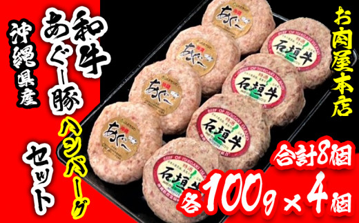 
お肉屋本店　沖縄県産和牛・あぐー豚ハンバーグセット　800g（100g×8個）
