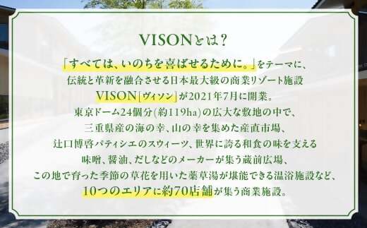 日本最大級の商業リゾート VISON 施設利用券 9,000円分 ／ ヴィソン 三重県多気町 ギフト券 ギフト 贈答 宿泊券 補助券ホテル 補助券 ホテル 温泉 宿泊 食事 薬草湯 マルシェ 農産物 