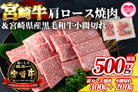 ＜宮崎牛肩ロース焼肉300gと宮崎県産和牛小間切れ200g 総量500g＞【数量限定】【MI143-my】【ミヤチク】