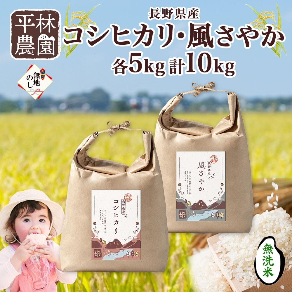 無地熨斗 令和6年産 コシヒカリ 風さやか 無洗米 各5kg 長野県産 米 白米 精米 お米 ごはん 甘み 産直 信州 人気 ギフト 時短 平林農園 熨斗 のし 名入れ不可 送料無料 長野県 大町市