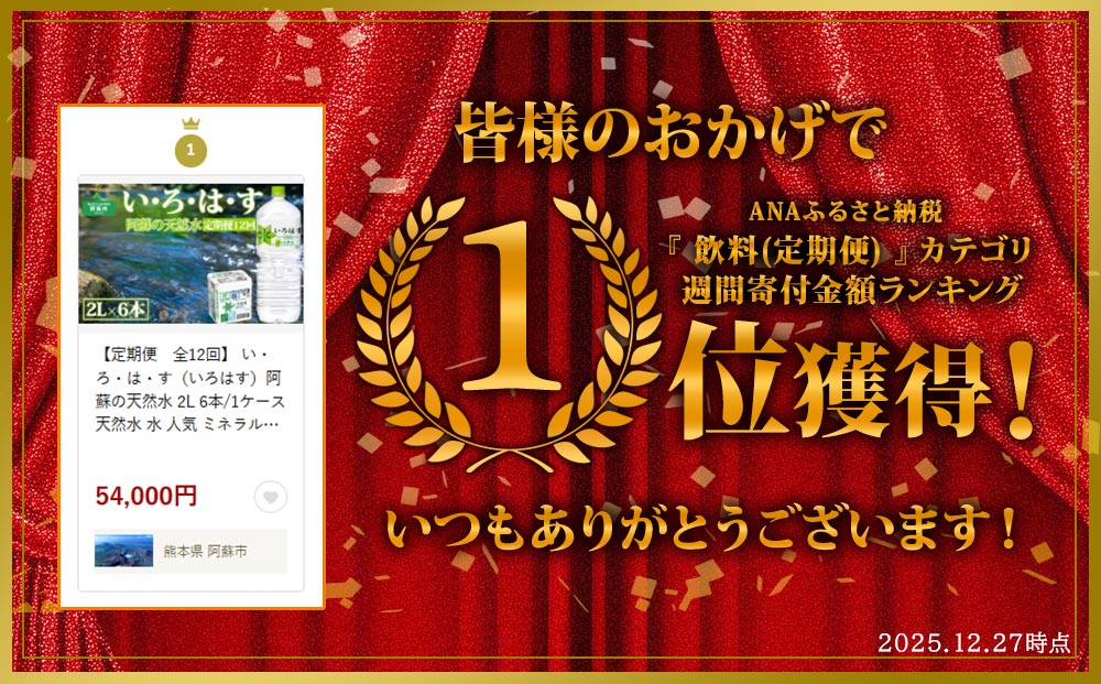 【定期便　全12回】 い・ろ・は・す（いろはす）阿蘇の天然水 2L 6本/1ケース  天然水 水 人気 ミネラルウォーター ミネラル 熊本 阿蘇 備蓄 防災 美味しい ドリンク 飲料水 飲料 定期便1