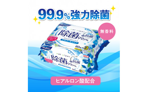 M90-0009_【ふるさと納税】【3か月定期便】LD-104 リファイン アルコール除菌 ウエットティッシュ（60枚入り×3P）×16セット　合計48パック×3か月 おしぼり 掃除 アルコール ヒア