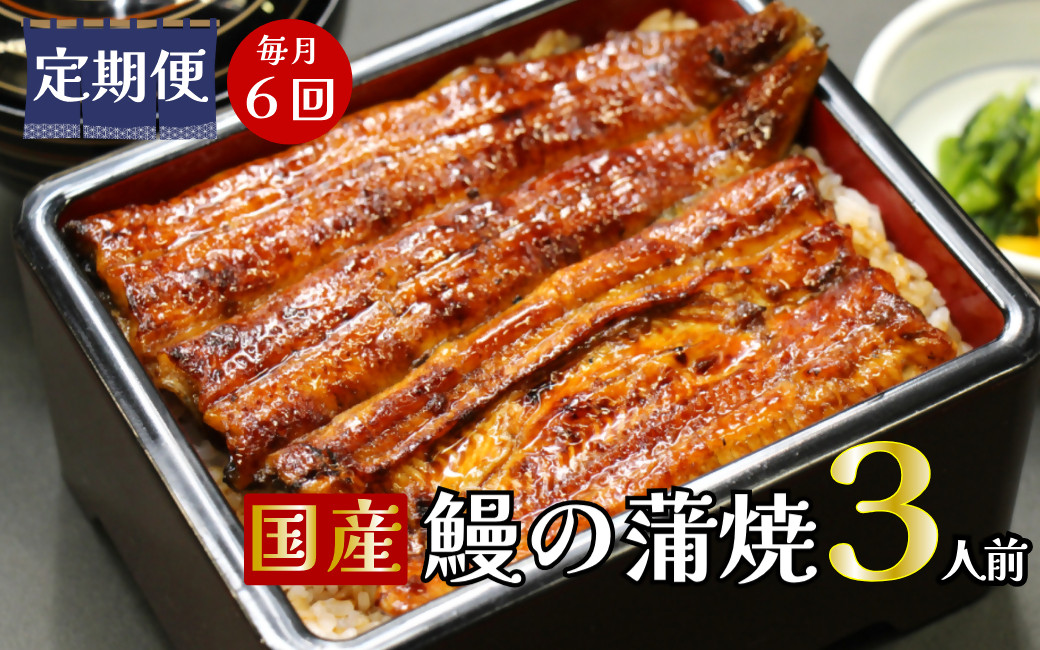 
                  【定期便】全６回コース　蒲焼割烹うな繁　特選国産うなぎ蒲焼真空パック３人前
                