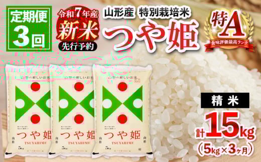 【定期便3回】 先行予約 令和7年産 新米 山形産 特別栽培米 つや姫 5kg×3ヶ月(計15kg)【11月発送開始】 FZ25-084