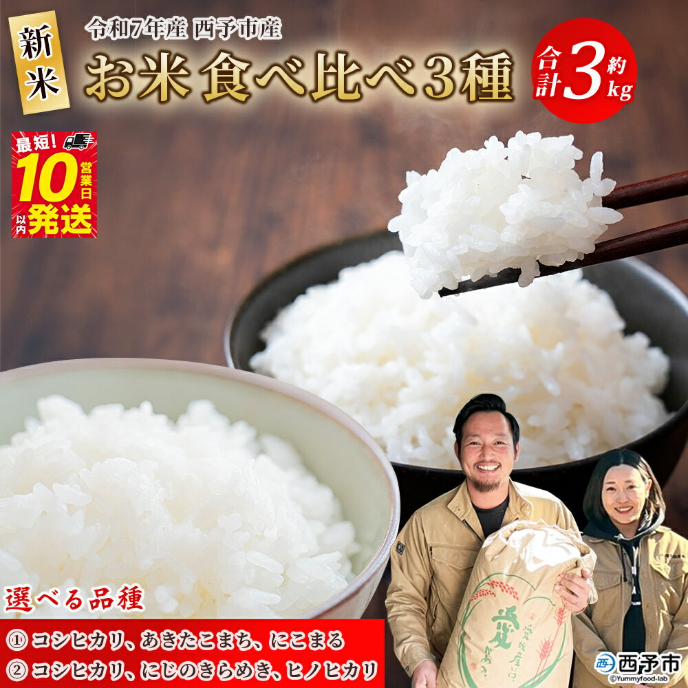 【ふるさと納税】＜新米 令和7年産 お米 食べ比べ 3種セット 合計約3kg（各1kg）＞ 選べる品種 米 コメ こめ 白米 精米 コシヒカリ あきたこまち にこまる にじのきらめき ヒノヒカリ 西予市産 穀物 特産品 宇都宮米穀 愛媛県 西予市『最短10営業日以内に順次出荷予定』