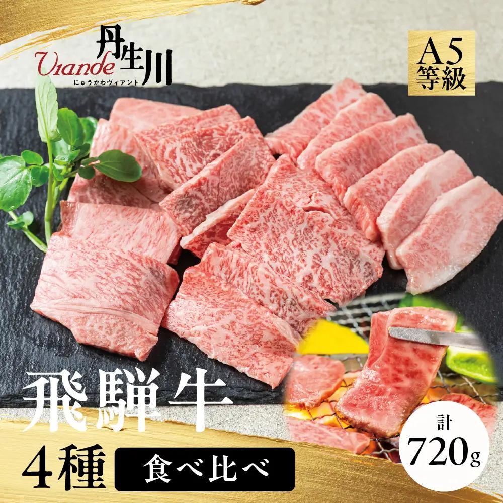 4種食べ比べ！飛騨牛 A5等級 焼肉 720ｇ | 黒毛和牛 牛肉 焼肉セット ブランド牛 希少部位 冷凍牛肉 個包装 焼肉 丹生川精肉 JJ024