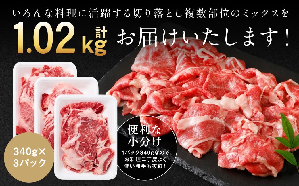 いろんな料理に活躍する切り落とし複数部位のミックスを合計1.02kgお届けいたします！