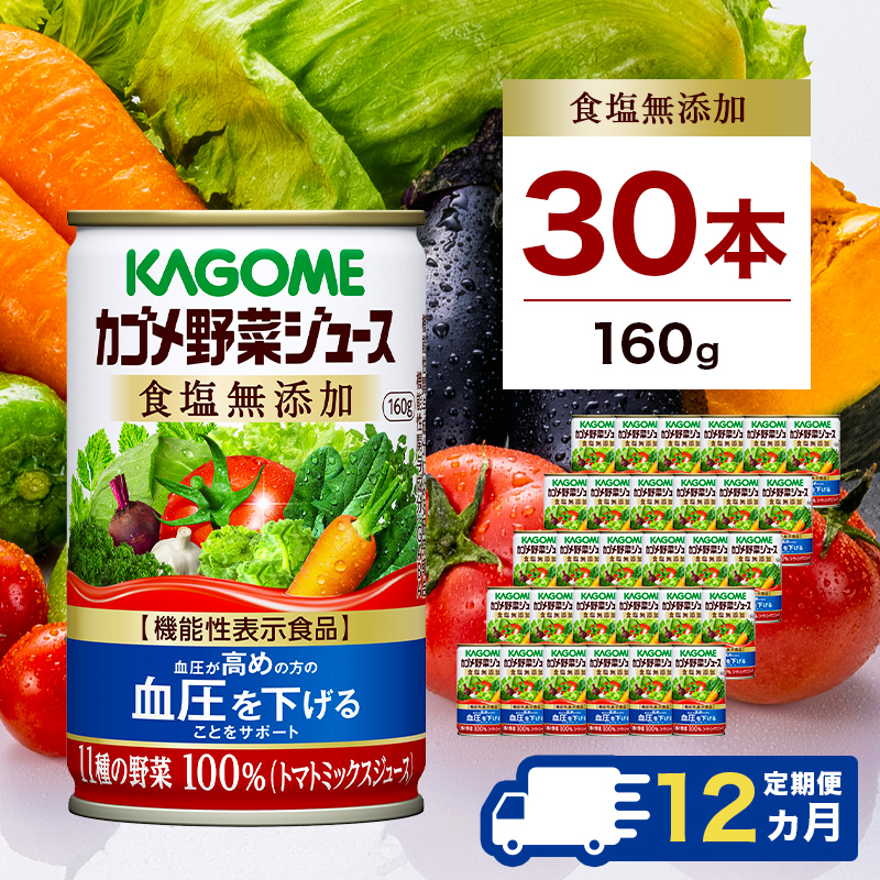 【定期便12ヵ月】カゴメ　野菜ジュース　食塩無添加　160g缶×30本 1ケース 毎月届く 12ヵ月 12回コース ns001-022