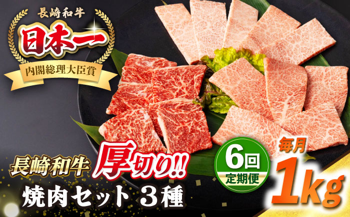 【全6回定期便】【A4〜A5ランク】長崎和牛 焼肉セット 1kg (モモ400g・肩ロース200g・カルビ400g)《壱岐市》【シュシュ】 牛 牛肉 和牛 国産 長崎和牛 焼肉 焼き肉 焼肉用 モモ ロース カルビ 冷凍配送 小分け [JGE074]