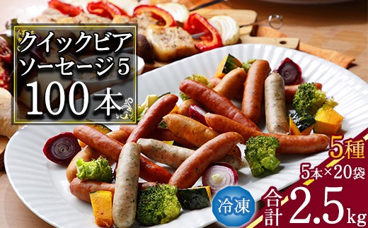 クイックビアソーセージ5 合計2.5kg（125g×20袋）ウインナー 5種類 100本  あらびき 黒胡椒 ハーブ チョリソー カレー 食べ比べ おかず 惣菜 小分け 個包装 冷凍 大容量 業務用 日東ベスト 　031-D-NB003