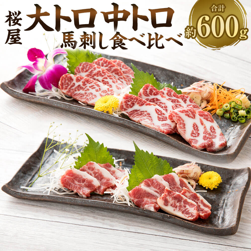 【ふるさと納税】【桜屋】大トロ・中トロ 馬刺し 食べ比べ 計約600g（各約300g） 2種類 専用醤油付き（150ml×1本） 馬肉 お肉 馬刺 セット 詰め合わせ しょうゆ ブロック お取り寄せ 冷凍 熊本県 相良村 送料無料