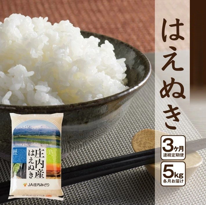 
                  ≪3ヶ月定期便≫ はえぬき 5kg×3ヶ月 計15kg 山形県庄内産 毎月中旬にお届け 東北 山形県 酒田市 庄内地方 米 精米 白米 お米 ごはん ご飯 庄内米 農協 JA 定期便 産地直送 JA庄内みどり SE0568
                