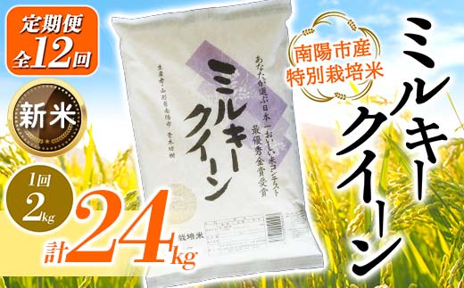 【令和6年産 新米 先行予約】 【金賞受賞農家】 《定期便12回》 特別栽培米 ミルキークイーン 2kg×12か月 《令和6年10月上旬～発送》 『あおきライスファーム』 山形南陽産 米 白米 精米 ご飯 農家直送 山形県 南陽市 [1590-RR6]