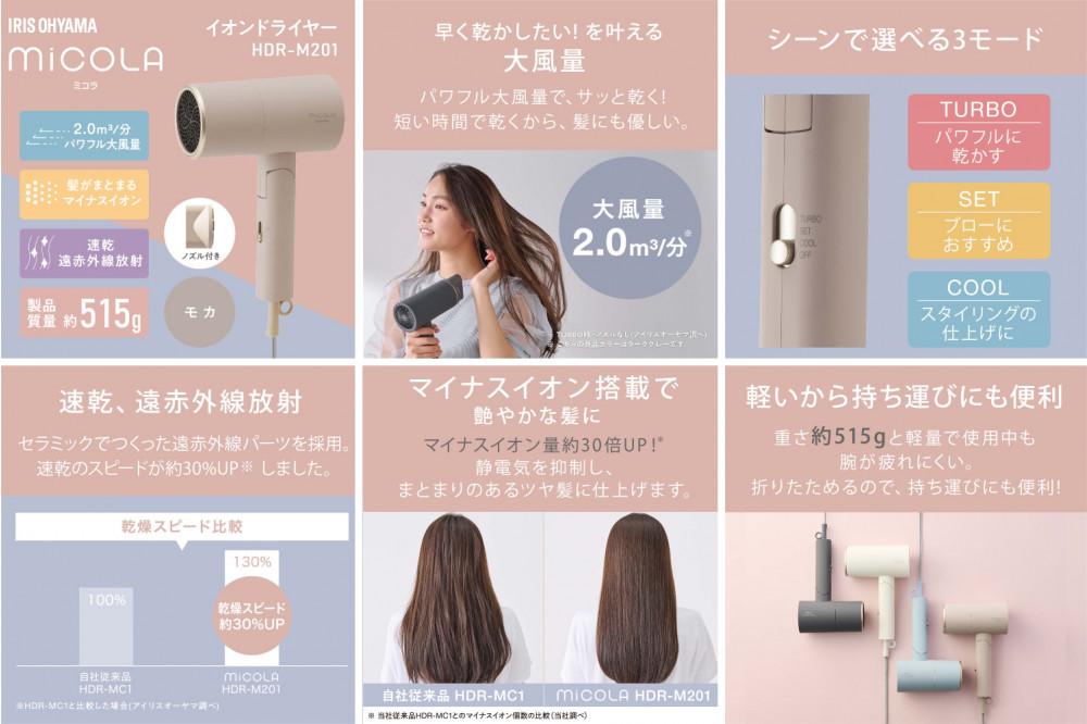 ドライヤー MiCOLA （ミコラ）イオンドライヤー アイリスオーヤマ 軽量 マイナスイオン 大風量 ヘアケア ダメージケアモデル 遠赤外線 花粉対策 イオン 収納 家電 美容家電 電化製品 3モード コンパクト HDR-M20１-T モカ 　 一人暮らし ひとり暮らし