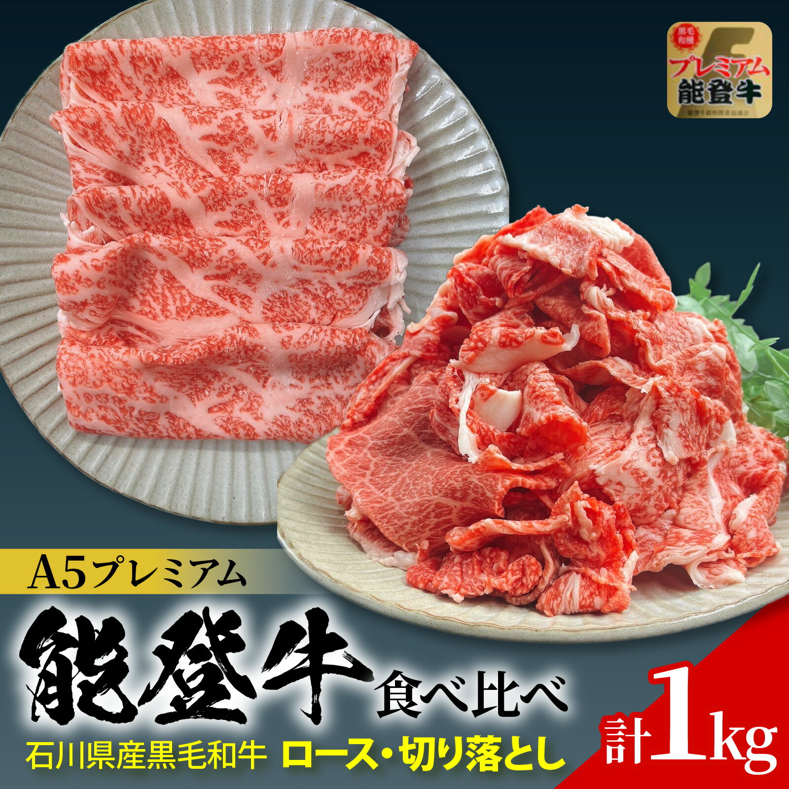 【ふるさと納税】石川県産 能登牛 食べ比べセット 計1kg（ロース・切り落とし） | 冷凍便 肉 牛肉 奥能登 能登半島 1キロ 国産 切落し ロース ブランド牛 和牛 黒毛和種 黒毛和牛