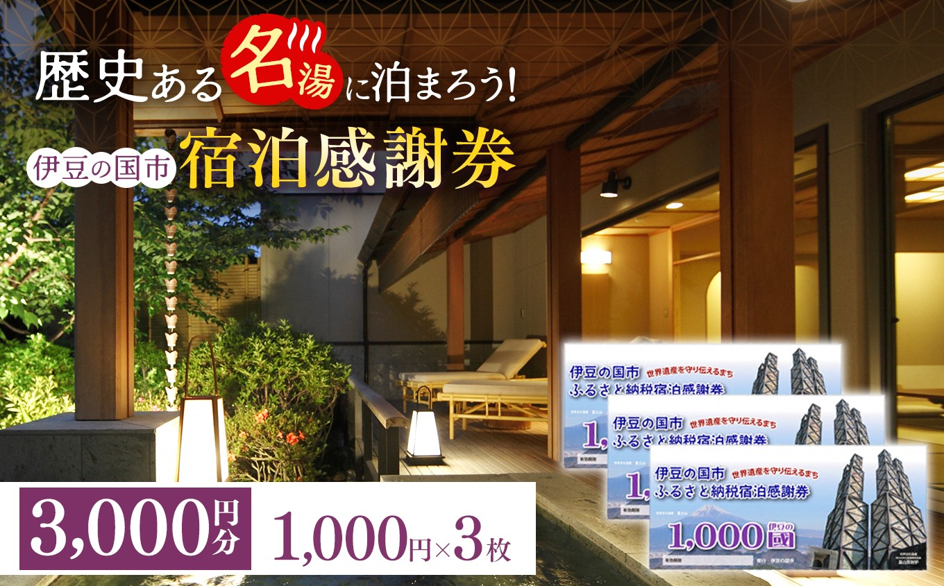 
                  伊豆の国市宿泊感謝券（1000円×3枚）| 旅行 伊豆 温泉 体験 旅行券 チケット 旅館 ホテル キャンプ トラベル 静岡県 伊豆の国市
                