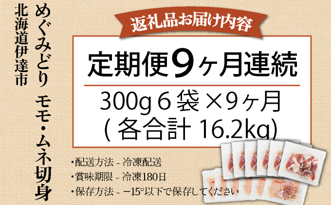 定期便 9カ月 連続 9回 北海道産 めぐみどり もも むね 各1.8kg 切身 モモ 鶏もも 鶏モモ ムネ 鶏むね 鶏ムネ 鶏肉 チキン 銘柄鶏 肉 冷凍 小分け 便利 時短 唐揚 焼鳥 鍋 ソテー
