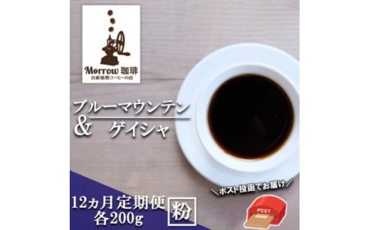
                  定期便 12ヶ月 自家焙煎 ブルーマウンテン ゲイシャ (粉) 各200g×12ケ月 ポスト投函 コーヒー 珈琲 12回 お楽しみ
                