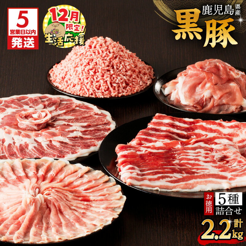 【ふるさと納税】【期間限定 生活応援】【5営業日以内に発送】 鹿児島県産 黒豚 お徳用 5種 詰合せ ( 2.2kg ) 鹿児島市 九州 お取り寄せ 特産品 お土産 贈り物 プレゼント ギフト 肉 豚 バラ 肩 もも肉 ロース 薄切り 切落し ミンチ 挽肉 真空パック 大容量 ボリューム