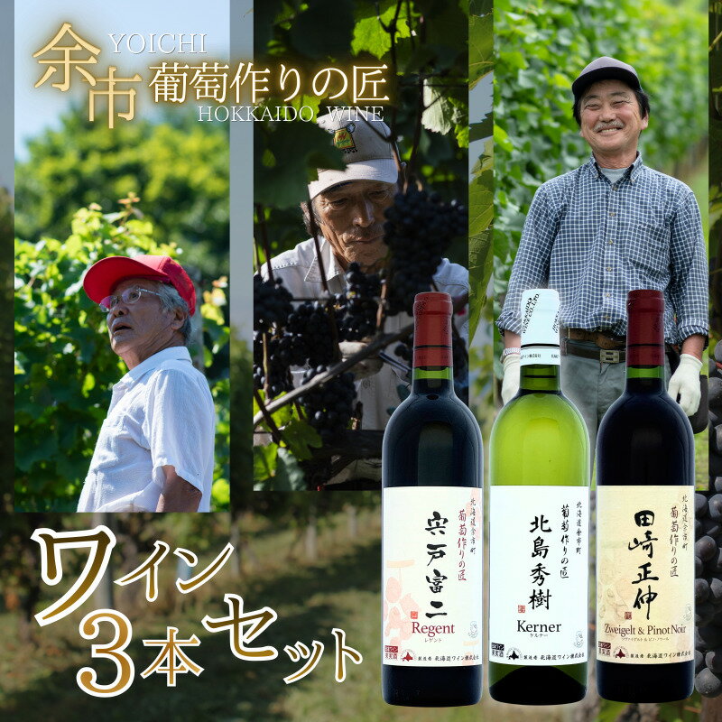 【ふるさと納税】北海道ワイン 余市 葡萄作りの匠 ワイン 750ml 3本 セット 赤ワイン 白ワイン 辛口 ミディアム 北島秀樹 田崎正伸 宍戸富二 ツヴァイゲルト ピノ・ノワール ケルナー レゲント ギフト 贈り物 プレゼント 家飲み 家族 国産 お取り寄せ 北海道 余市町 送料無料