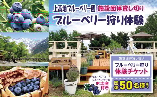 上高地ブルーベリー園　施設団体貸し切り、ブルーベリー狩り体験チケット 団体50名様まで（ブルーベリー、ブルーベリジャムお土産付き）│信州 贈答用 ブルーベリー 体験 チケット 新鮮 甘い 美味しい 特別 松本 ふるさと納税 上高地 ブルーベリー狩り