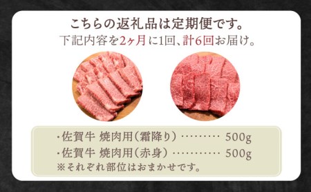 【全6回定期便】【隔月発送】佐賀牛 焼肉セット 1.0kg（霜降り・赤身 各500g）【田中畜産牛肉店】黒毛和牛 焼肉 バーベキュー BBQ[HBH123] 佐賀牛 牛肉 黒毛和牛 佐賀牛 牛肉 和牛