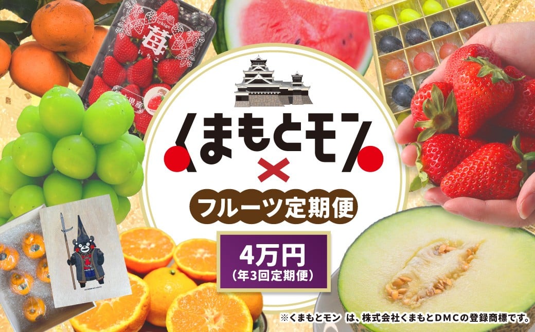 
            【年3回定期便】 熊本県産品 くまもとモン 定期便 （フルーツ編） 寄附額 4万円 コース ／ いちご （ゆうべに） 約250g × 2パック （合計：500g） 【1月上旬～1月下旬】 ／ 肥後 グリーンメロン 1玉 【5月下旬～6月下旬】 ／ MOCCOS 1箱 （ぶどう 多品種 20粒入り） 【8月下旬～9月上旬】 ／ 果物 季節のフルーツ 旬 熊本県 冷蔵 常温
          