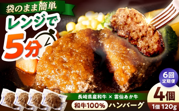
                  【6回定期便】 【レンジ調理】 和牛100％ハンバーグ4個 長崎県産和牛と希少あか牛（A4またはA5ランク） 長与町/炭火焼肉あおい [EBW080]
                
