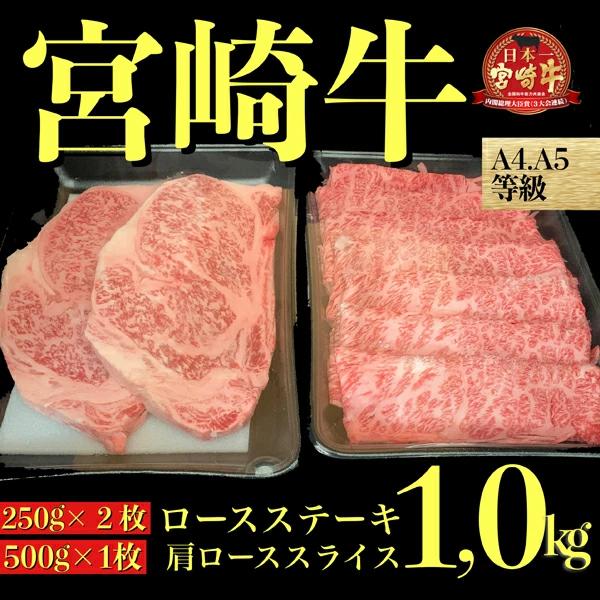 【A183】【A4等級以上】宮崎牛 ステーキ＆スライスセット 計1.0kg（牛肉 黒毛和牛 宮崎牛 ステーキ）